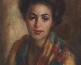 198
John Hubbard Rich
1876-1954, Los Angeles, CA
"Portrait Of Tyrone Power's Sister," Anne Hardenbergh, 1945
Oil on canvas laid to panel
Signed upper right: John Hubbard Rich, signed again and inscribed verso: "To my good friend, Ann Hardenbergh," titled and dated on a gallery label affixed to the backing board
13" H x 11" W
Estimate: $1,000 - $2,000