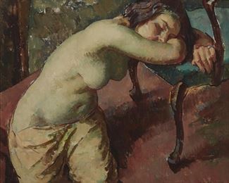 199
Mischa Askenazy
1888-1961, Los Angeles, CA
Female Nude Resting
Oil on canvas
Signed lower right: M. Askinazy
20" H x 24" W
Estimate: $1,000 - $1,500