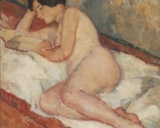 200
Mischa Askenazy
1888-1961, Los Angeles, CA
Nude Reading, 1918
Oil on canvas laid to strip-lined canvas
Signed lower right: M. Askenazy, signed again and dated verso
20.25" H x 16.25" W
Estimate: $2,000 - $3,000