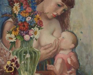 201
Figurative Still Life Of Woman Nursing
20th Century Continental School
Oil on canvas laid to canvas
Appears unsigned
26" H x 21" W
Estimate: $600 - $900