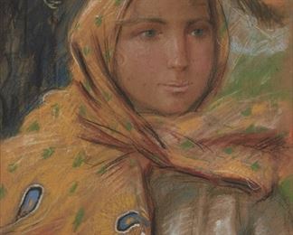 202
Jessie Arms Botke
1883-1971, Santa Paula, CA
Portrait Of A Woman In A Head Scarf
Colored pastel on paper under Plexiglas
Signed lower right: Jessie Arms Botke
Sight: 17.25" H x 13.25" W
Estimate: $1,000 - $2,000