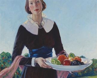 203
Helena Adele Dunlap
1876-1955, Los Angeles, CA
"Fruit Server"
Oil on canvas
Appears unsigned, titled on a gallery label affixed to the backing board
40" H x 36" W
Estimate: $2,000 - $3,000