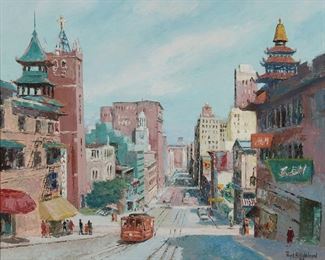 213
Floyd Hildebrand
1896-1984, San Francisco, CA
California Street, San Francisco, 1958
Oil on board
Signed and dated lower right: Floyd R. Hildebrand / '58
24" H x 29" W
Estimate: $1,500 - $2,000