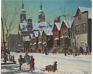 216
Frank J. Gavencky
1888-1966, Ramona, CA
Winter In Chicago
Oil on board
Signed lower right: Frank J. Gavencky
38" H x 46" W
Estimate: $2,000 - $3,000