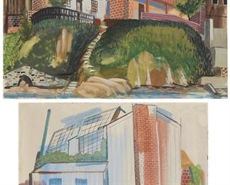 215
John Charles Haley (1905-1991, Berkeley, CA) Two Works
"Point Richmond Studios on SF Bay," 1938
Watercolor on paper
14.75" H x 20" W
Signed and dated lower left: John Haley / '38, titled, alternately dated and inscribed verso: '32 / Folio 7 #32
"Old Garage with new Studio," 1933
Watercolor on paper
11" H x 14" W
Signed lower left: John Haley, titled, dated and inscribed verso: Folio 7 #35
Estimate: $600 - $800