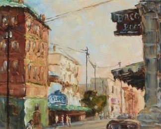 214
Joseph Areno
1950-2006, Canadian/American
"Broad Street - Globe, Arizona"
Oil on board
Signed lower right: Joseph R. Areno, signed again and titled verso, and with the artist's thumbprint wax seal
14" H x 11" W
Estimate: $1,000 - $1,500