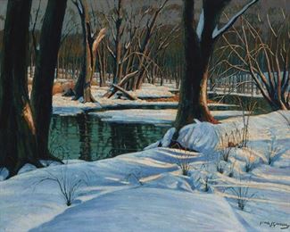217
Frank J. Gavencky
1888-1966, Ramona, CA
"Salt Creek"
Oil on board
Signed lower right: Frank J. Gavencky, titled on an exhibition label affixed to the frame verso
30.5" H x 42" W
Estimate: $2,000 - $3,000