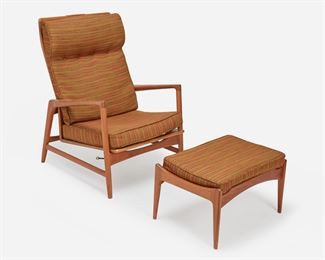 218
A Danish Modern Teak Reclining Armchair And Ottoman
Third-quarter 20th Century; Denmark
Metal tag: Made and Finished in Denmark / Imported by Selig
The teak reclining armchair with tapered arms raised on four straight legs joined by a box stretcher and fitted with multi-colored fabric upholstery cushions, with matching ottoman, 2 pieces
Chair: 37" H x 28.5" W x 29" D; Ottoman: 15" H x 24.25" W x 17.5" D
Estimate: $600 - $900