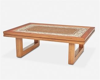 219
Denis O'Connor
1933-2007, American
Mosaic-Top Teak Cocktail Table, 1982
Teak wood and tile
Signed to underside: Denis O'Connor [with artist's cipher]
16.25" H x 48.125" W x 34.25" D
Estimate: $1,000 - $1,500