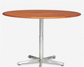 222
A Danish Modern Teak And Metal Adjustable Dining Table
Third-quarter 20th Century
Possibly made by Dansk, the circular teak wood top over a silver-toned metal column terminating in a star foot
28" H x 41" Dia.
Estimate: $600 - $900