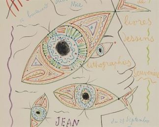 229
Jean Cocteau
1889-1933, French
"Matarasso," 1957
Color lithograph on paper under glass, Mourlot, Paris, prntr.
Signed and dated in the plate lower right: Jean Cocteau, stamped Mourlot IMP. lower left
Sight: 23.75" H x 18.25" W
Estimate: $500 - $700