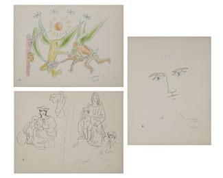 230
Jean Cocteau (1889-1933, French)
Three works
"Danseurs"
Color lithograph on Arches paper under Plexiglas, Mourlot, Paris, prntr.
Edition 38/150, initialed in pencil and wetstamped for Jean Cocteau lower left, numbered in pencil lower right
Sight: 19.25" H x 25" W
Figure study
Lithograph on Arches paper under Plexiglas
Edition 38/150, initialed in colored pencil and wetstamped for Jean Cocteau lower left, numbered in colored pencil lower right, signed and dated in the plate
Sight: 19.25" H x 25" W
"Tete," 1957
Color lithograph on Arches paper under Plexiglas
Edition 38/150, initialed in pencil and wetstamped for Jean Cocteau lower left, numbered in pencil lower right, titled on a label affixed to the backing paper
Sight: 25" H x 19.25" W
Estimate: $500 - $700