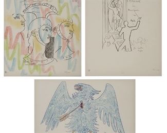 231
Jean Cocteau (1889-1963, French)
Three works
"Chapelle St. Piere"
Color lithograph on Arches paper under Plexiglas
Edition 38/150, initialed in pencil and wetstamped for Jean Cocteau lower left, numbered in pencil lower right, titled on a label affixed to the backing paper
Sight: 25" H x 19.25" W
"Menton Festival de Musique," 1956
Lithograph on Arches paper under Plexiglas, Mourlot, pub.
Edition 94/150, initialed in pencil and wetstamped for Jean Cocteau lower left, numbered in pencil lower left and lower center, signed and dated in the plate
Sight: 25" H x 19.25" W
"L'Aigle Bleu," 1956
Color lithograph on Arches paper under Plexiglas
Edition 38/150, initialed in pencil and wetstamped for Jean Cocteau lower left, numbered in pencil lower right, initialed and dated in the plate
Sight: 19.25" H x 25" W
Estimate: $500 - $700