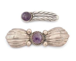 239
An Assembled Set Of William Spratling Silver And Amethyst Brooches
1940-1946, First Design Period; Taxco, Mexico
Each stamped for William Spratling; Each further stamped: Made in Mexico; One stamped: Sterling
Including an amethyst-set bow and feather brooch, 2 pieces
Largets brooch: 4.25" W x 1.30" H
59.0 grams
Estimate: $500 - $700