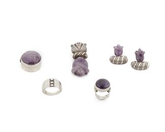 245
A Group Of William Spratling Silver And Amethyst Jewelry
1933-1939 and 1940-1946, First Design Period; Taxco, Mexico
Each stamped for William Spratling; Each variously stamped: Made in Mexico / Silver / Sterling / 980
Including an amethyst pill box, clip-back amethyst flower earrings, carved amethyst brooch, a cabchon amethyst ring, and silver ring, 6 pieces
Ring sizes: 11.75, 7.25; Brooch: 2" H x 0.75" W; Box: 1.25 W
90.0 grams
Estimate: $700 - $900