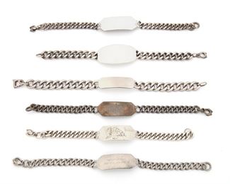 249
A Group Of William Spratling Silver ID Bracelets
1940-1946, First Design Period; Taxco, Mexico
Each stamped for William Spratling; Further stamped: Made in Mexico / Silver
A group of ID bracelets of varying weights and designs, three are personalized, 6 pieces
Longest: 8" L
219.0 grams
Estimate: $600 - $800