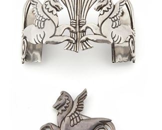 259
A Two Piece Set Of Los Castillo Jewelry
1945 -1950: Taxco Mexcio
Stamped: Los Castillo / Taxco / Sterling / Made in Mexico / 354
Including a hinged panel bangle and a brooch depicting a winged pegasus, 2 pieces
Bracelet: 6.50" L x 2" H; Brooch: 2.75" L x 1.75" H
132.5 grams
Estimate: $500 - $700
