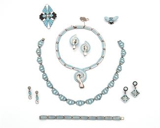 263
A Group Of Margot De Taxco Silver And Enamel Jewelry
Third-quarter 20th Century; Taxco, Mexico
Stamped: Margot de Taxco / 925 / Hecho in Mexico / Eagle 16 ; Each further numbered
Comprising a blue enamel bib necklace and matching earclips, No. 5556 / Eagle 16, a link necklace, No. 5835 / Eagle 16, two brooches, No. 5604/ Eagle 16 and No. 5881, a link bracelet, No. 5701, and two pairs of earclips, No. 5525 and No. 5896, 11 pieces
Bib Necklace: 14.50" L x 2" H; Largest Earrings: 1.50" H x 1" W; Necklace: 16.50" L x 0.35" H; Largest Brooch: 2.50" L x 0.75" W; Bracelet: 7.25" L x 0.35" W
210 grams
Estimate: $800 - $1,200
