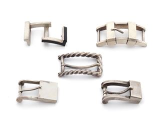 278
A Group Of Antonio Pineda Silver Belt Buckles
1953-1979; Taxco, Mexico
Crown mark for Antonio Pineda; Variously stamped: Eagle 17 / Eagle 3; Further stamped: Hecho en Mexico / Silver / 925 / PZ126 / 970 / Sterling Taxco ILD
A group of five belt buckles including one with black enamel, 5 pieces
Largest: 2.50" W x 1.35" H
231.5 grams
Estimate: $500 - $700