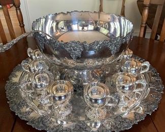 E.G. Spencer & Son...International Silver Co...Vintage Silver Plate Punch Bowl with Tray & Cups 