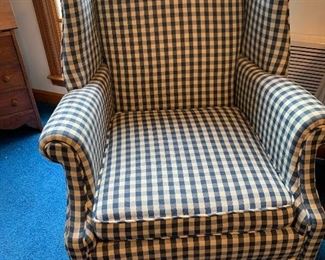 Vintage Blue/White Check Chippendale Wingback Chair