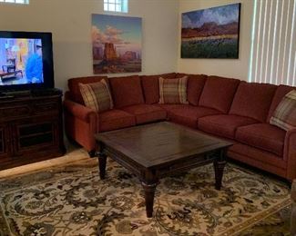 Bassett Sectional Sofa, Coffee Table, Area Rug, Bassett Media Center, Original Artwork , TV