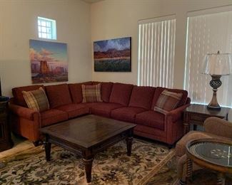 Bassett Sectional Sofa, Coffee Table, Area Rug, Bassett Media Center, Original Artwork, TV, Round End Table w Decorative Top