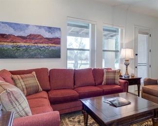 Bassett Sectional Sofa, Coffee Table, End Table, Area Rug, Bassett Media Center, Original Artwork, TV, Arm Chair, Table Lamp