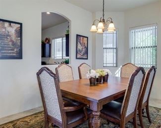 Beautiful Farm Style Dining Table w 2 Leaves, 2 Arm Chairs and 4 Side Chairs, Area Rug, Artwork
