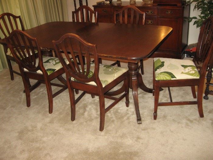 Vintage Duncan Phyfe Table with One Leaf, Six Chairs...