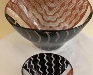 Two Tonga Kosta Boda Bowls signed by Monica Backstrom

Large bowl measures 6.5" h x 11" w

Small bowl measures 3.25" h x 5.8" w