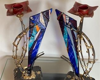 Beautiful Pair of Fused Glass and Metal Candle Holders - measures 9" tall 