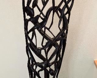 Abstract Wood Sculpture - measures 37" tall and granite base measures 9.5" x 7.5"  No artist signature was found. Purchased  at the Culture Center in Arush, Tanzania. Client reported it was created in the “bush” by local tribe members. 