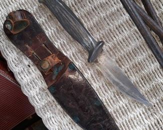 Vintage fixed blade knife with sheath , and with  cast metal aluminum  handle 