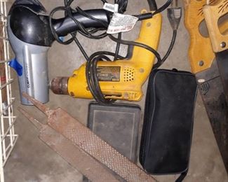 Rasps, dewalt drill, socket set and electric tester