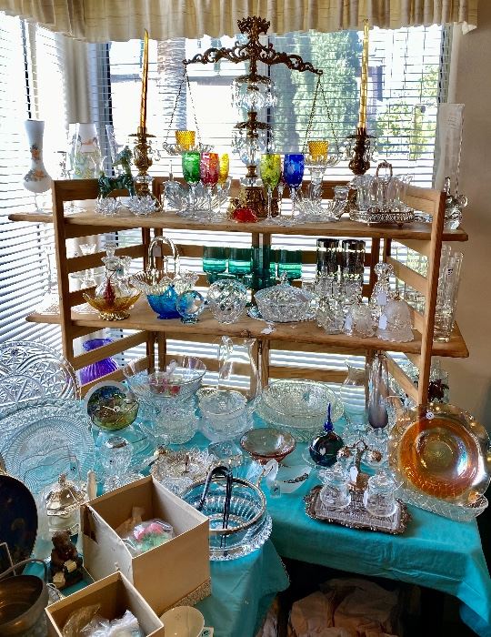 German colored crystal stemware, glassware, mid century scales of justice with crystals 