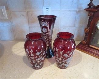 Cut Cranberry to Clear Glass Vases