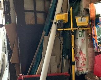 Various items in garage, old door - prices vary (work light sold)