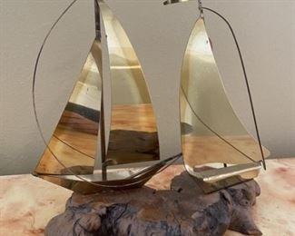 Midcentury Brass Sailboats Sculpture on Wood Base