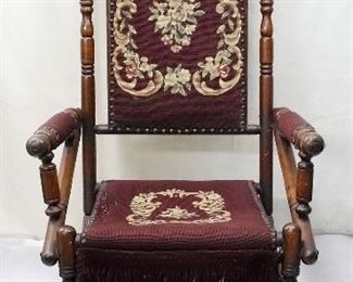 $175 - Late Victorian platform rocker, dark wood with many turnings, casters on front feet, needlepoint upholstery on back, front & arms.
Measurements: 22.5"W x 45"H x 26"Diameter; 15" (seat height)
Condition: Good, but there is some wear in the needlepoint seat. Two small squares of glowtape on one side, which could be removed with care.