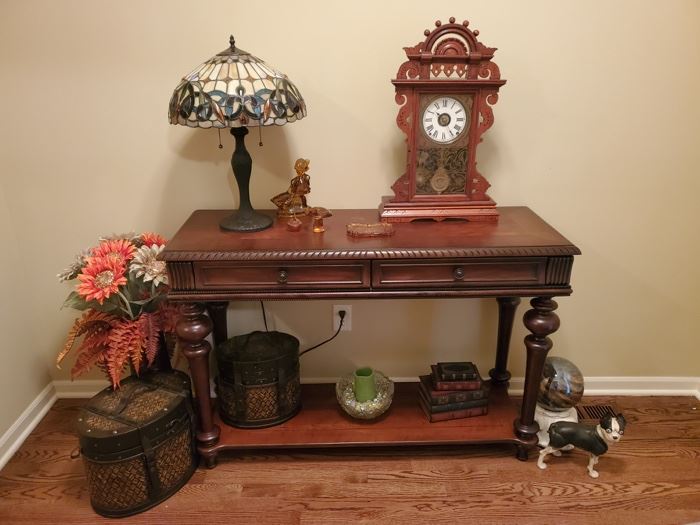 Antique Gingerbread Mantle Clock. Entry Sofa Table