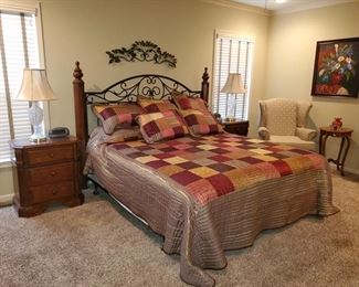 King Bed, Landscape Dresser and 2 Nightstands, Cream Wing Chair. Inlaid Table.