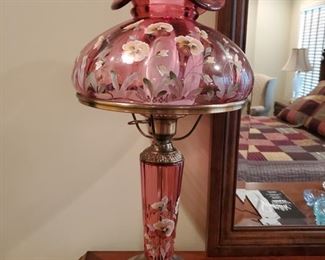 Fenton Jacobean Hand Painted and Signed "Pansies on Cranberry" Lamp