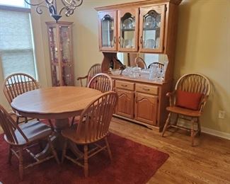 Oak Table, 1 Large Leaf, 2 Arm Chairs, 4 Side Chairs, China Hutch, and Small Curio
