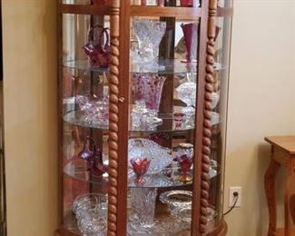 Curved Glass Curio China Cabinet, Fenton Cranberry Glass, Cut Crystal