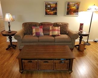 Nice Neutral Sofa and matching Accent Tables, Stained Glass Floor Lamp