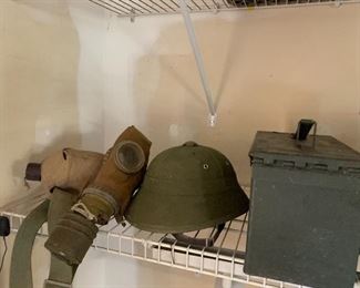 Military pcs including helmet, mask, canteen & ammo box