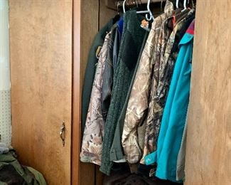 Wood Storage Cabinet / Closet For Sale along with all Hunting Clothing, boots & shoes