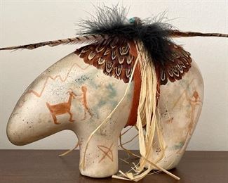 Item 68:  Gerri Mattson, Pottery Bear with Feathers - 11.5" x 8.5": $65