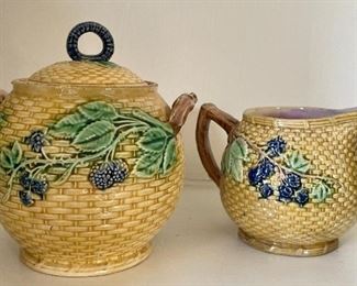 Item 98:  Antique Set Basket Weave Pottery Creamer and Sugar:  $45                                                                                             Creamer - 5"